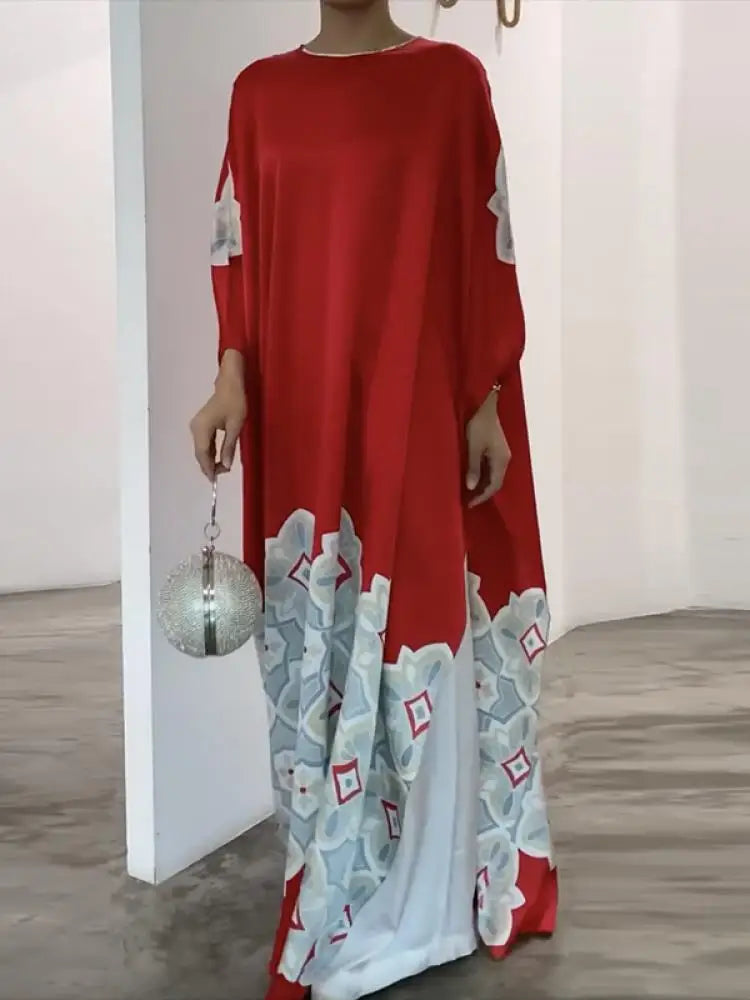 2025 New Spring Printed Evening Party Dresses Vintage Elegant Long Sleeves Loose Round-Neck Muslim Robe For Women