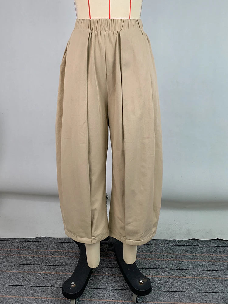 Beautyblue Women's Cropped Pants Khaki Wide-leg Pants 2025 Summer Loose Folds Pocket Elastic Waist Casual Sports Trousers Female