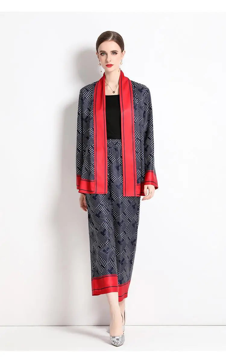 Women Contrast Dot Print V-Neck Loose Lace Up Top+Elastic Waist Wide Leg Pant Suit Autumn Fashion Kimono Cardigan Two Piece Set