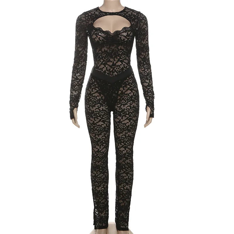 Lace See Through 2 Piece Set Women 2024 Autumn Sexy Hollow Jacquard Backless Bodysuit Leggings Party Clubwear Skinny Outfits