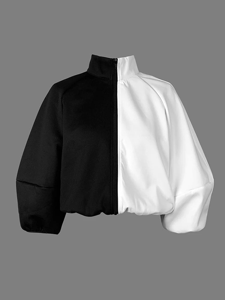 Women Fashion Patchwork Stand Collar Jackets 2025 New Spring Autumn Puff Sleeves Loose Fit Casual Korean Style Outerwears