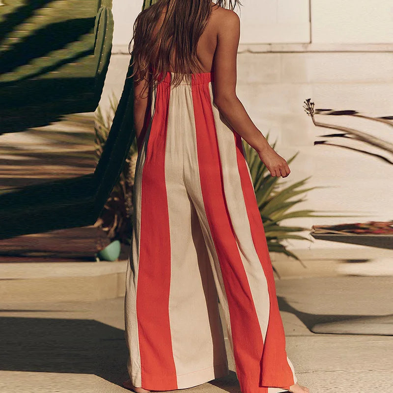 Summer Beach Hollowed Out Backless Long Pants Playsuit Bohemian Commuting Rompers Casual Striped Printed Off Shoulder Jumpsuit