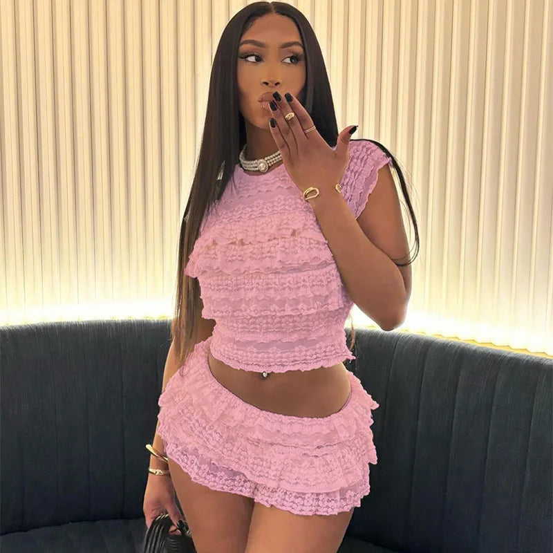 Two Piece Women Crop Top And Mini Skirt Matching Set 2024 New Summer Fashion Sexy White Lace Ruffle Ruched Skirts Outfits