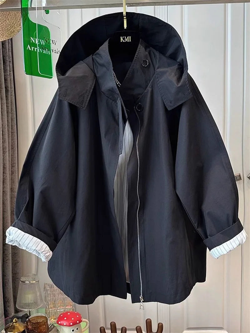 Fem Cotton Trench Coat For Women Casual And Versatile Loose And Slimming Autumn Simple Hooded Long Jacket For Women Windbreaker