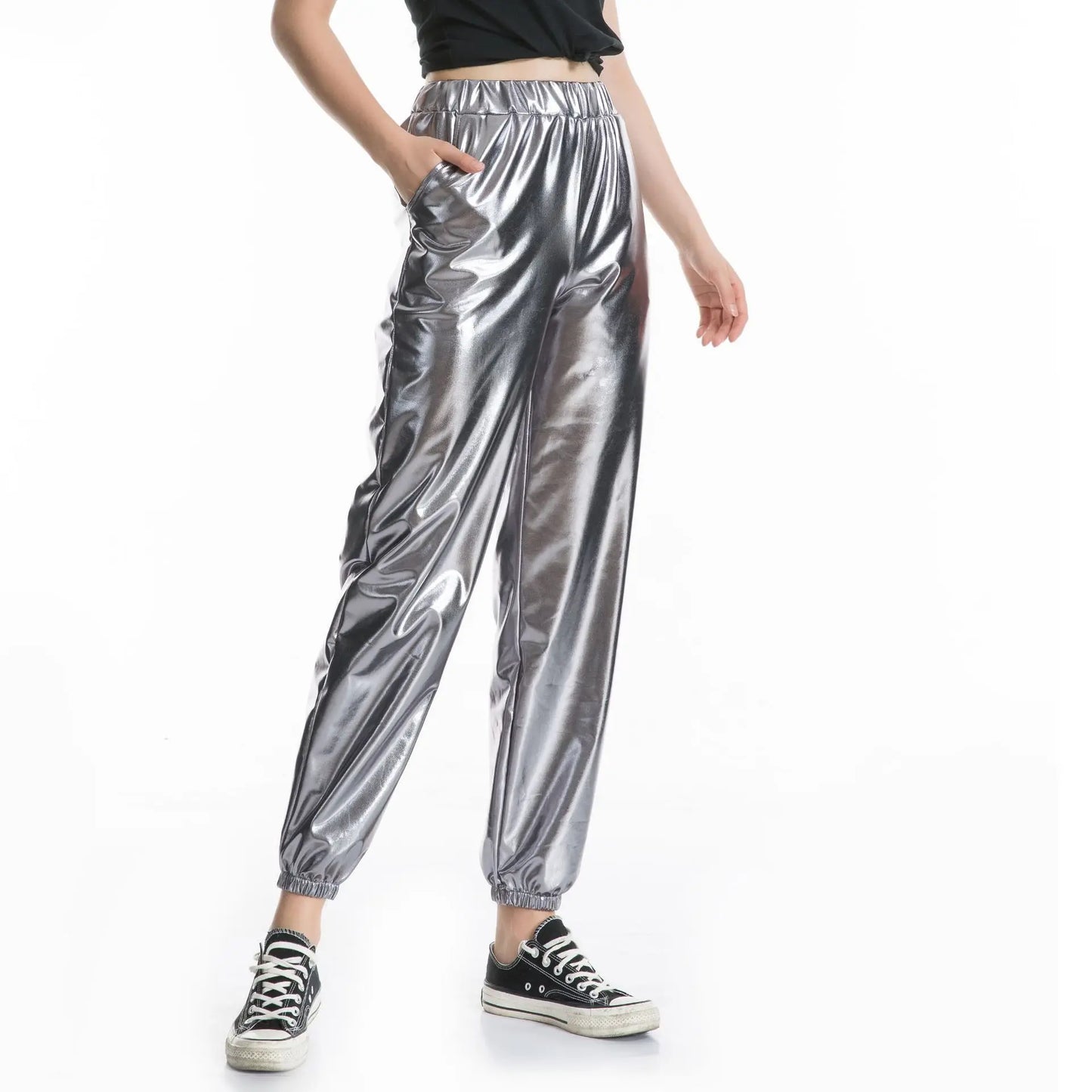 Shiny Glittery Street Hip-hop Party Sparkly Long Pants Loose Casual Sports Trousers Green Gold Silver Black Optional for Women