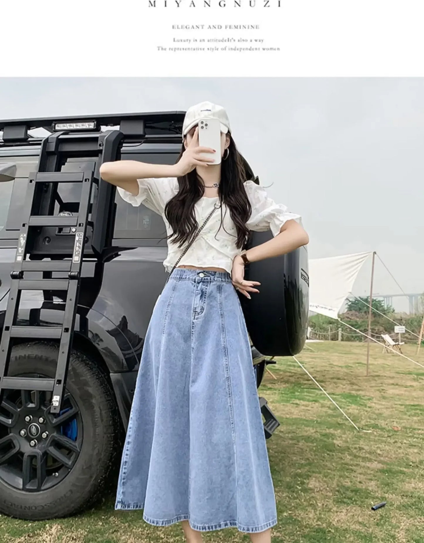 Fashionable Spring Medium-Length High-Waisted Jeans Long Dress Women's Elastic Waist A- Line Skirt Umbrella Skirt