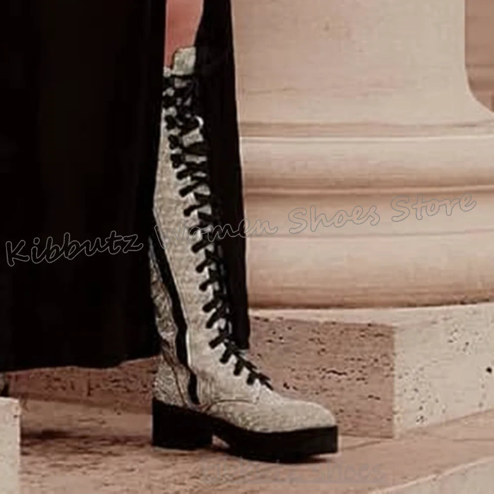 Knee High Boots Bling Glossy Pocket Zipper Lace-Up Round Toe Chunky Heels Fashion Punk Rock Gothic Novelty Sexy Women Shoes New