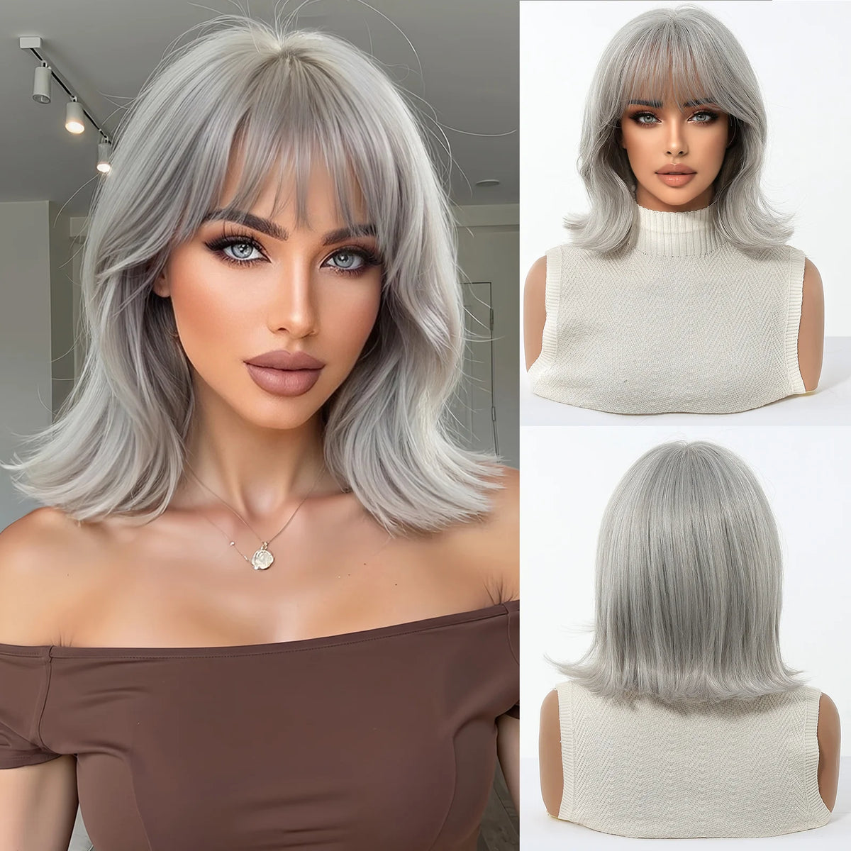 Heat Resistant Shoulder Length Straight Bob Wig With Bangs For Women