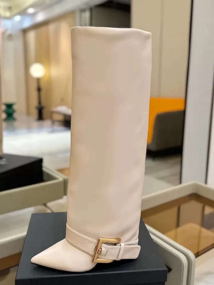 Pointed Toe Knee-High Boots With Belt Buckle for Women