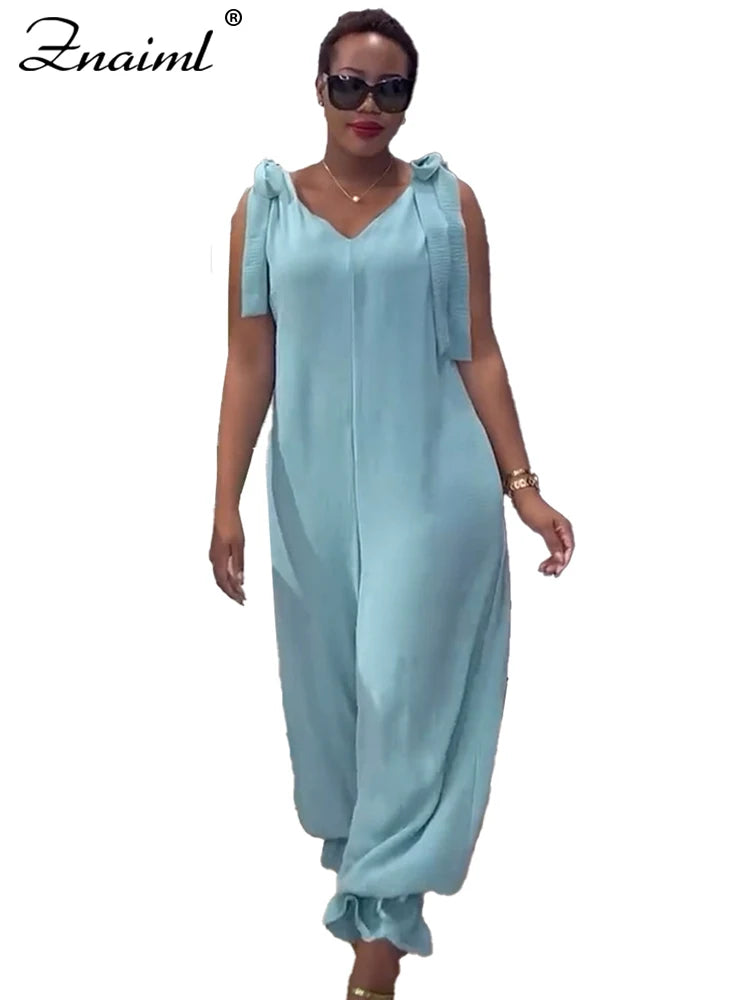 Znaiml Casual Lace-up Bandage Jumpsuit Green Loose Wide Leg Jogger Pants Women V-Neck Sleeveless New In One Pieces Rompers 2025
