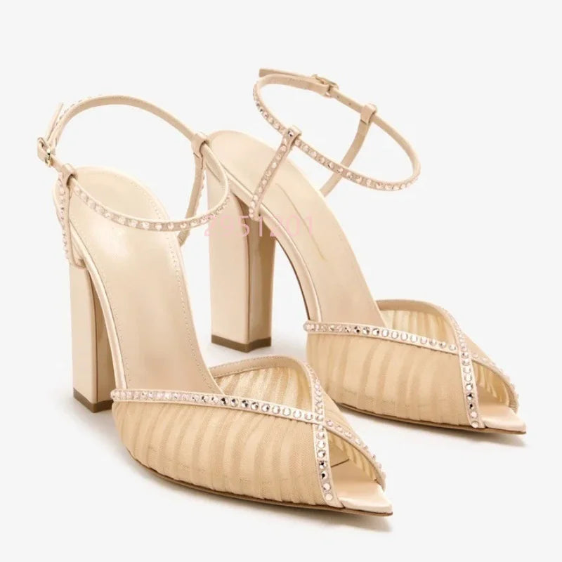 Elegant Crystal Peep Toe Square Chunky Heel Formal Sandals for Women