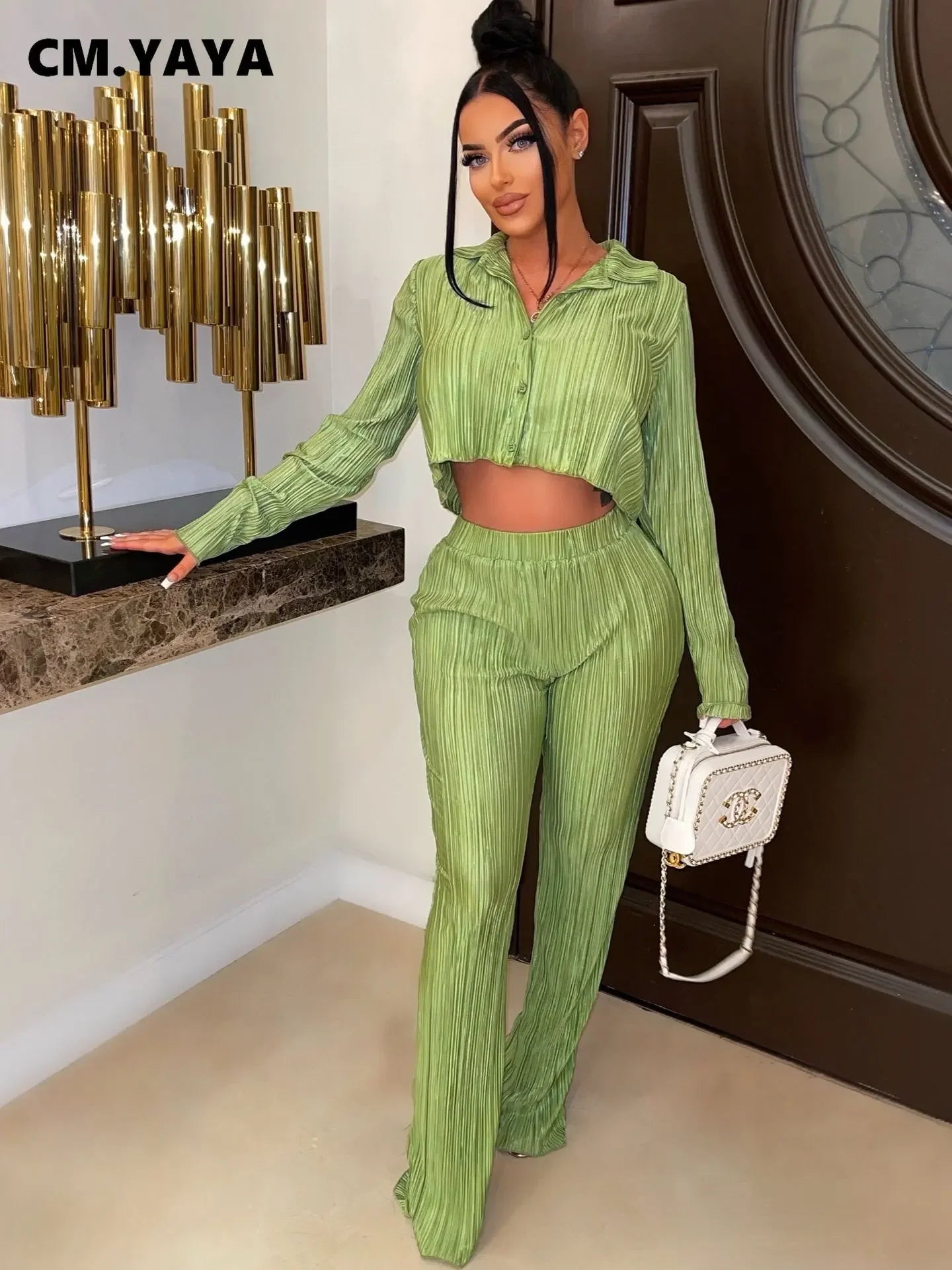 CM.YAYA Street Pleated Women's Set Long Sleeve Mini Blouse Shirt and Straight Pants Suit 2023 Two 2 Piece Set Outfits Tracksuit