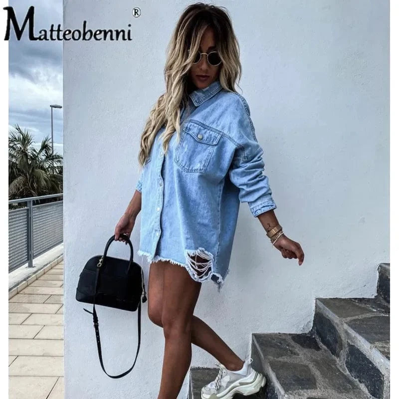2024 Fall New Women's Long Sleeve Denim Shirt Fashion Ripped Mid-length Jeans Buttons Shirt Tops Boyfriend Loose Shirts