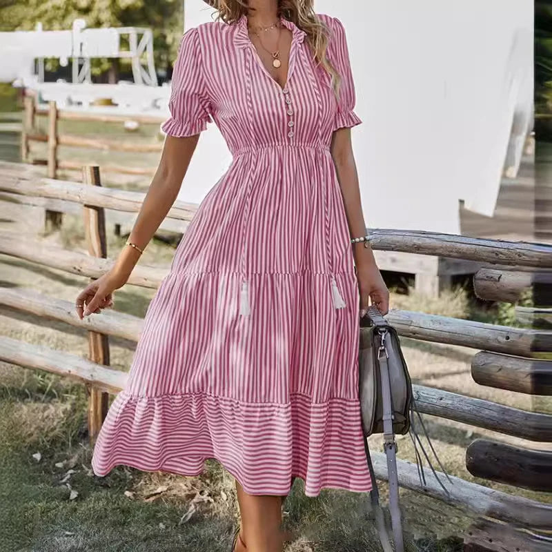 Summer Women's Striped Short Sleeve V-Neck Elastic Waist Dress