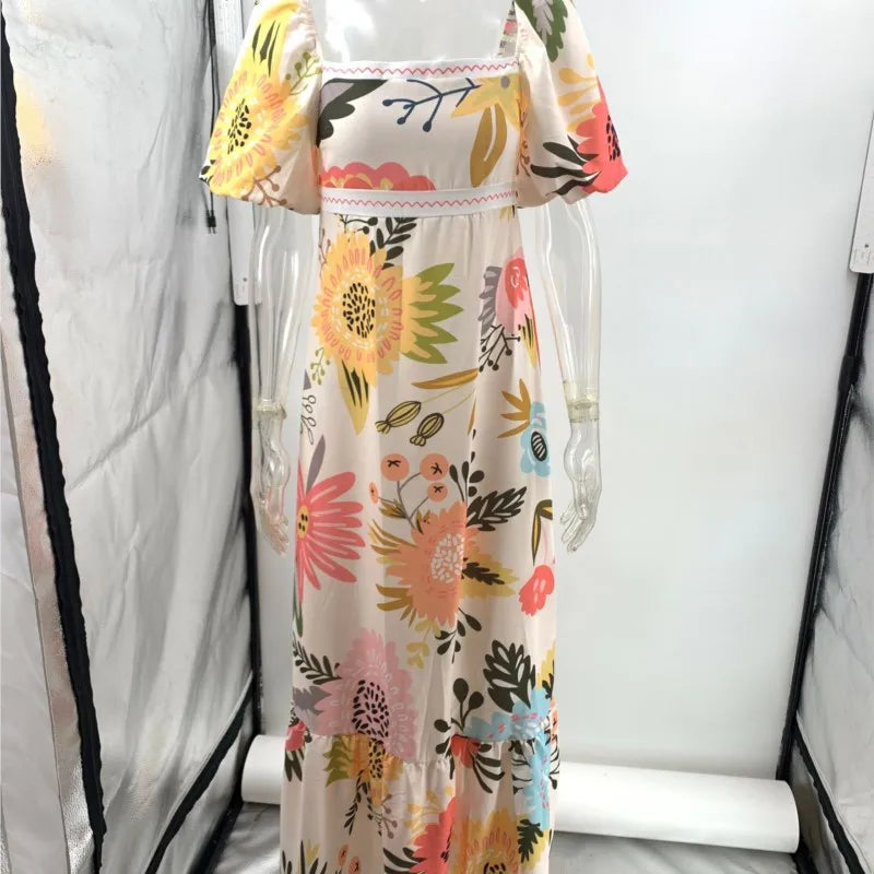 Summer Dress Elegant Women Flower Printed Maxi Dress High Waisted Short Sleeve Square Collar 2025 Summer Fashion Holiday Dresses