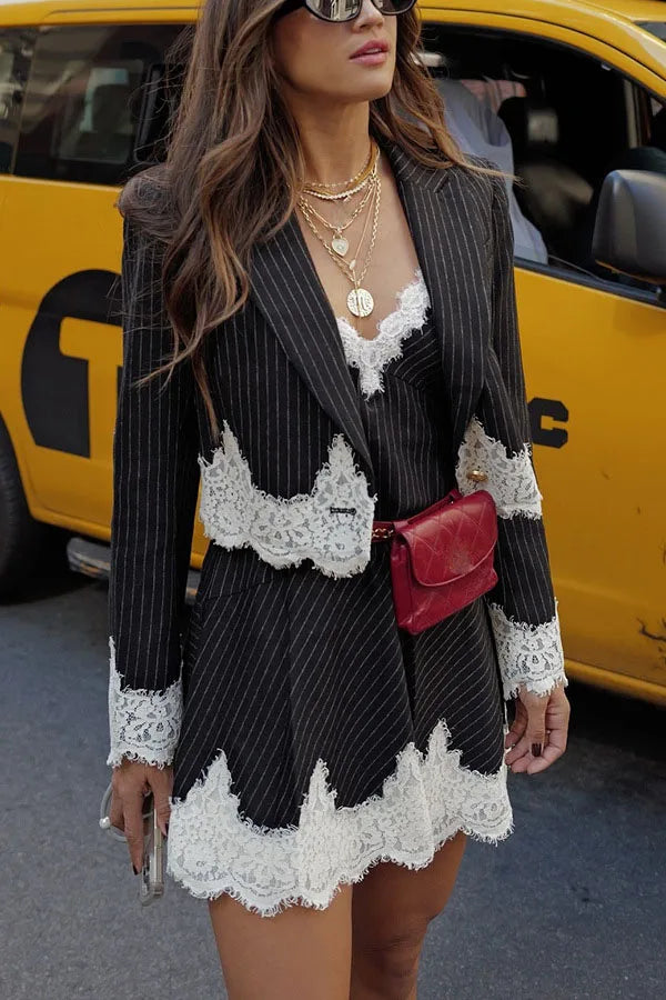 Women Sexy V Neck Mini Dress And Lapel Suit Jacket Office Lady Striped Lace Patchwork Two Piece Dress Sets Elegant Female Suits