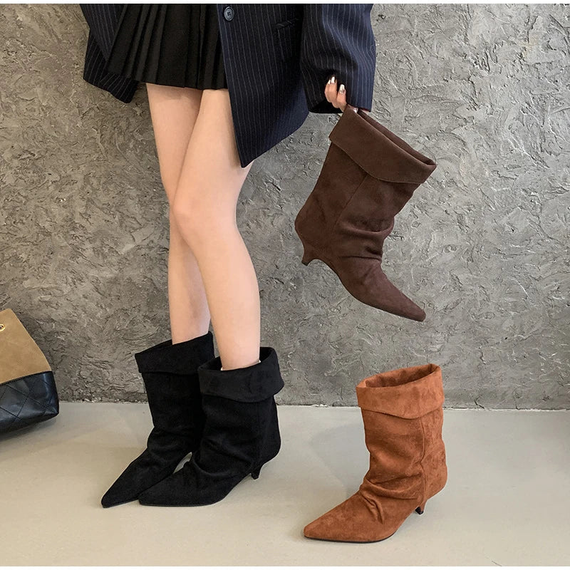 Women's Frosted Low-heeled Boots Fashion Retro Brand Short Boots Pointed Stiletto Boots Pleated Ankle Boot Folded Hem Short Boot