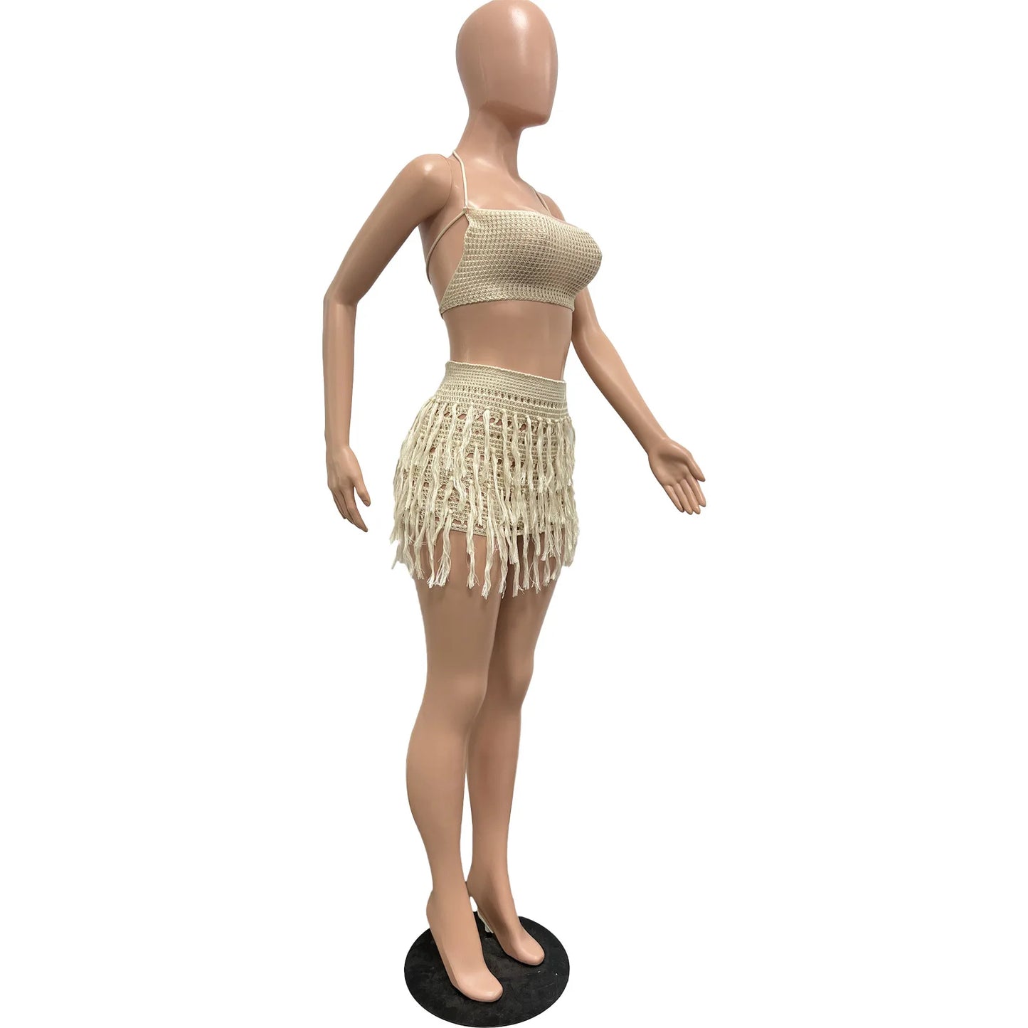 CM.YAYA Beach Holiday Knit Crochet Tassel Women Two 2 Piece Set Outfits Bra Top and Mini Skirt Suit 2024 INS Street Dress Set
