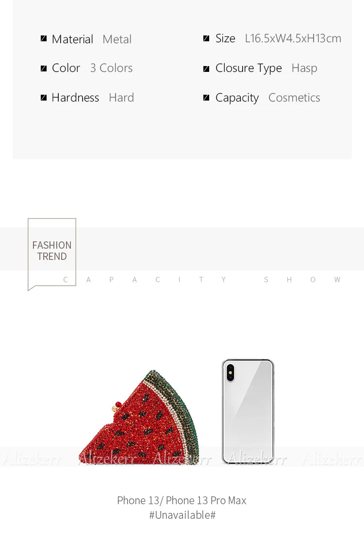 Alizekerr Pizza Shaped Diamond Evening Clutch Bags 2024 New Gorgeous Unique Metallic Watermelon Rhinestone Purses Wedding Party