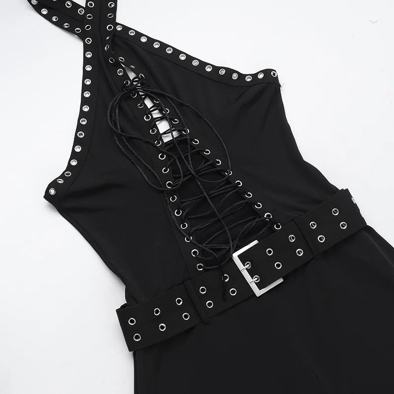 Sexy Halter Backless Black Jumpsuit Woman Elegant Sleeveless Lace-up Hollow Out Bandage One Pieces Romper Night Club Outfit