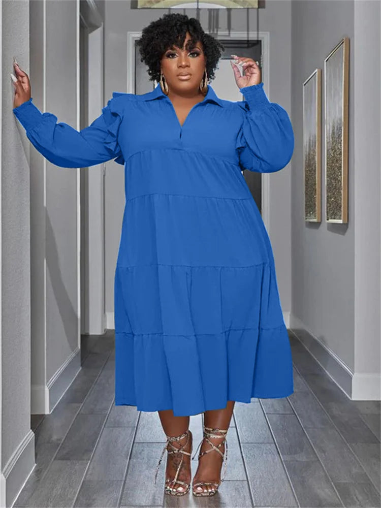 Wmstar Plus Size Women Clothing Dresses Women Petals Long Sleeve Loose Solid Elegant Maxi Shirts Dress Wholesale Dropshipping