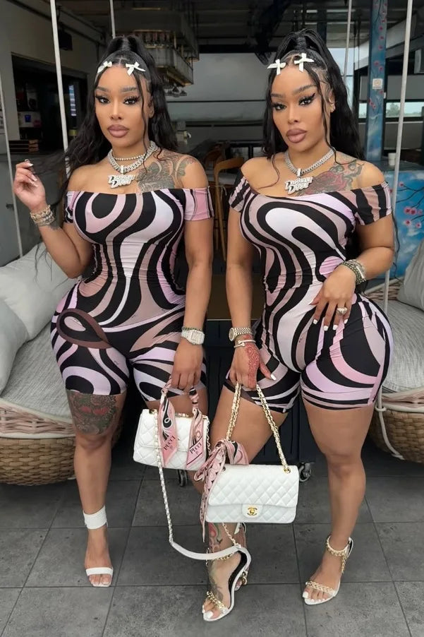 FAGADOER Sexy Stripe Print Bodycon Romper Women Off Showlder Backless One-piece Jumpsuits Hot Girl Streetwear Overalls 2025 New