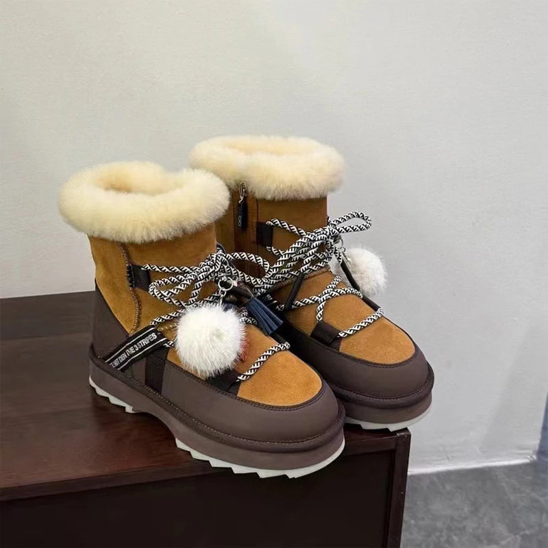 Plush Warm Snow Boots For Women Fashion Short Thick Non-slip Sports Shoes Lace-up Zipper Ankle Boots Thick Sole Shoelace Pendant