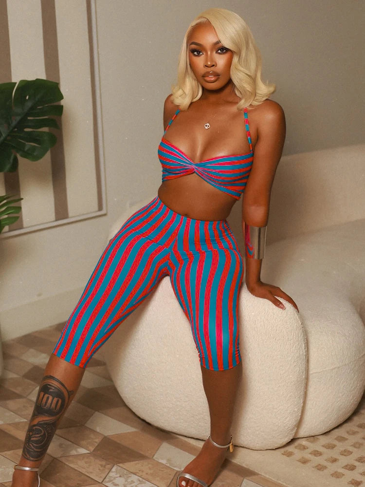 Weird Puss Sexy Stripe Patchwork 2-Piece Set Women Halter Chest Wrapped Camisole+Skinny Mid Pants Matching Hottie Beach Outfits