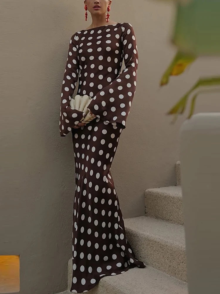 Women Fashion O-neck Flared Sleeve Evening Dress Spring Elegant Hight Waist Slim Long Dress Autumn Polka Dot Print Party Dress