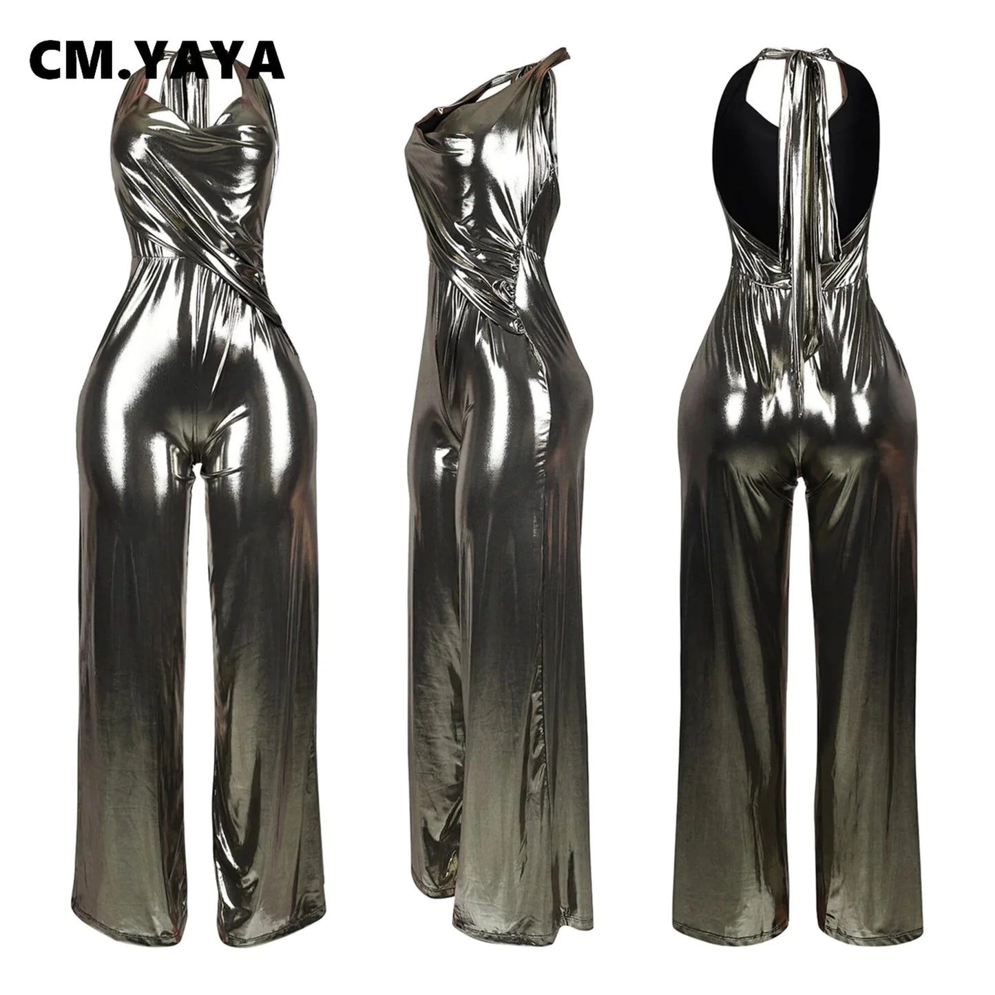 CM.YAYA Women Heaps Collar V-Neck Backless Wide Leg Straight Sleeveless Jumpsuits Spring Sexy One Piece Set Streetwear Outfits