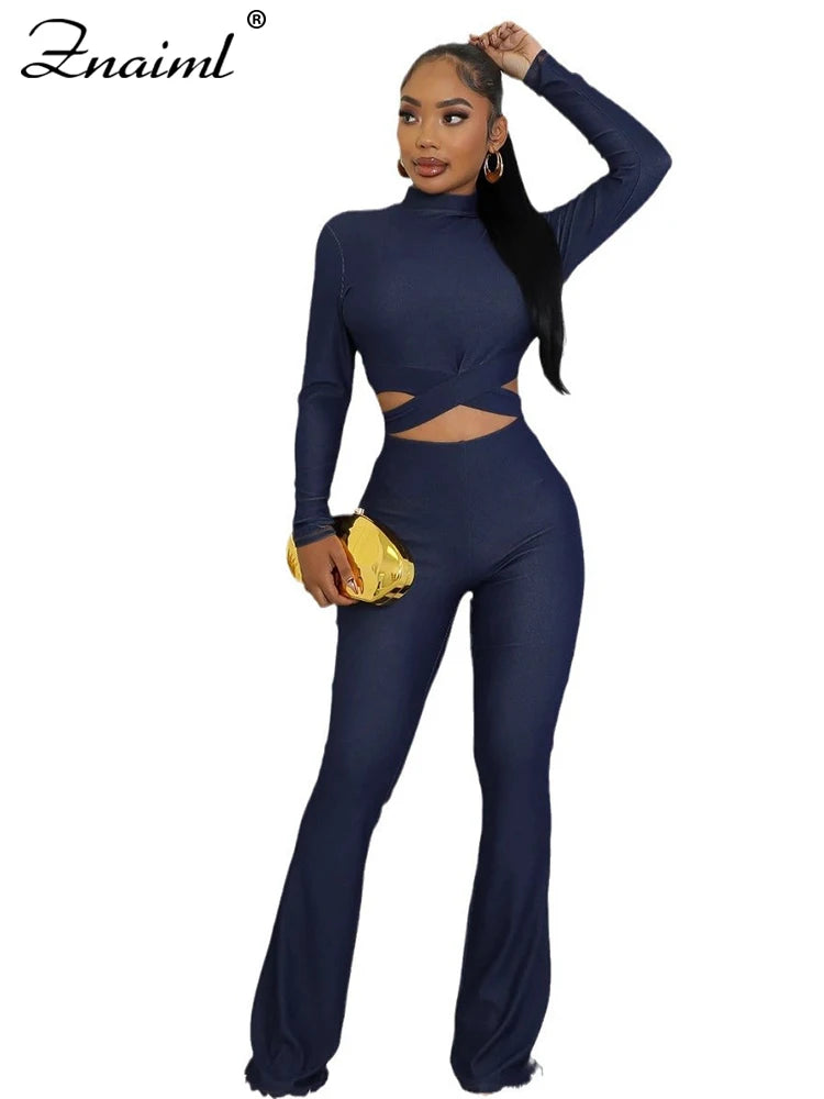 Znaiml Women's Full Sleeve Cross Hollow Out Crop Tops and Flare Pants Set Spring Fall Fitness Sports Blue Two 2 Piece Outfits