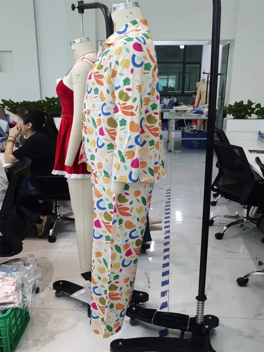 Women Pajamas Set 2 Pieces Loungewear Suits Fashion Print Button up Long Sleeve Tops and Elastic Pants Sleepwear Outfits Pjs