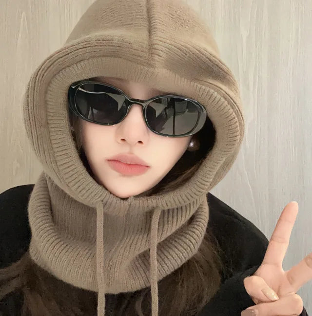 New Winter Trendy Balaclava Hat Windproof Scarf Knitted Hat For Women Cute Warm Ear Protection Hat