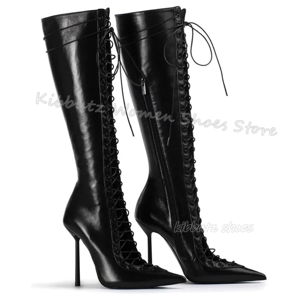 Lace-Up Hollow Knee High Boots Luxury Leather Solid Color Elegant Concise Fashion Sexy Pointed Toe Metal Thin Heels Women Shoes