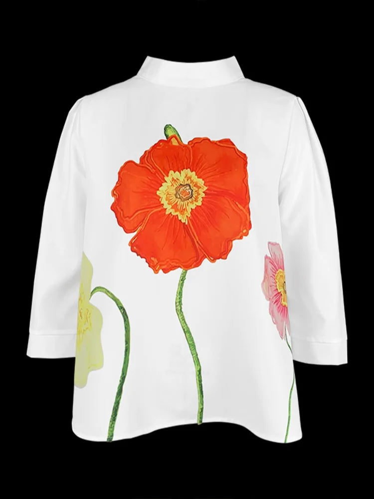 2025 Flower Printed T-shirt for Women Stand Collar Three-quarter Sleeves Loose Fit Shirt Top Summer Casual Blouse