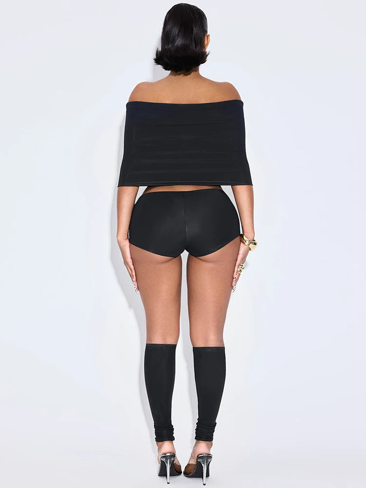 Weird Puss Summer 2 Piece Set Women Simple Trend Slash Neck Mid Sleeve Crop Tops+Shorts+Foot Cover Matching Streetwear Outfits