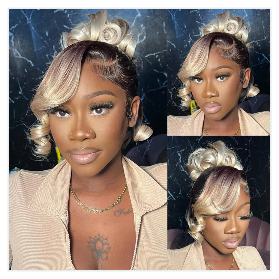 13x6 Lace Frontal Wig Brazilian Straight Full Lace Human Hair Wig 2 Tone Dark Root 1B 613 Ombre Blonde Lace Front Wigs for Women