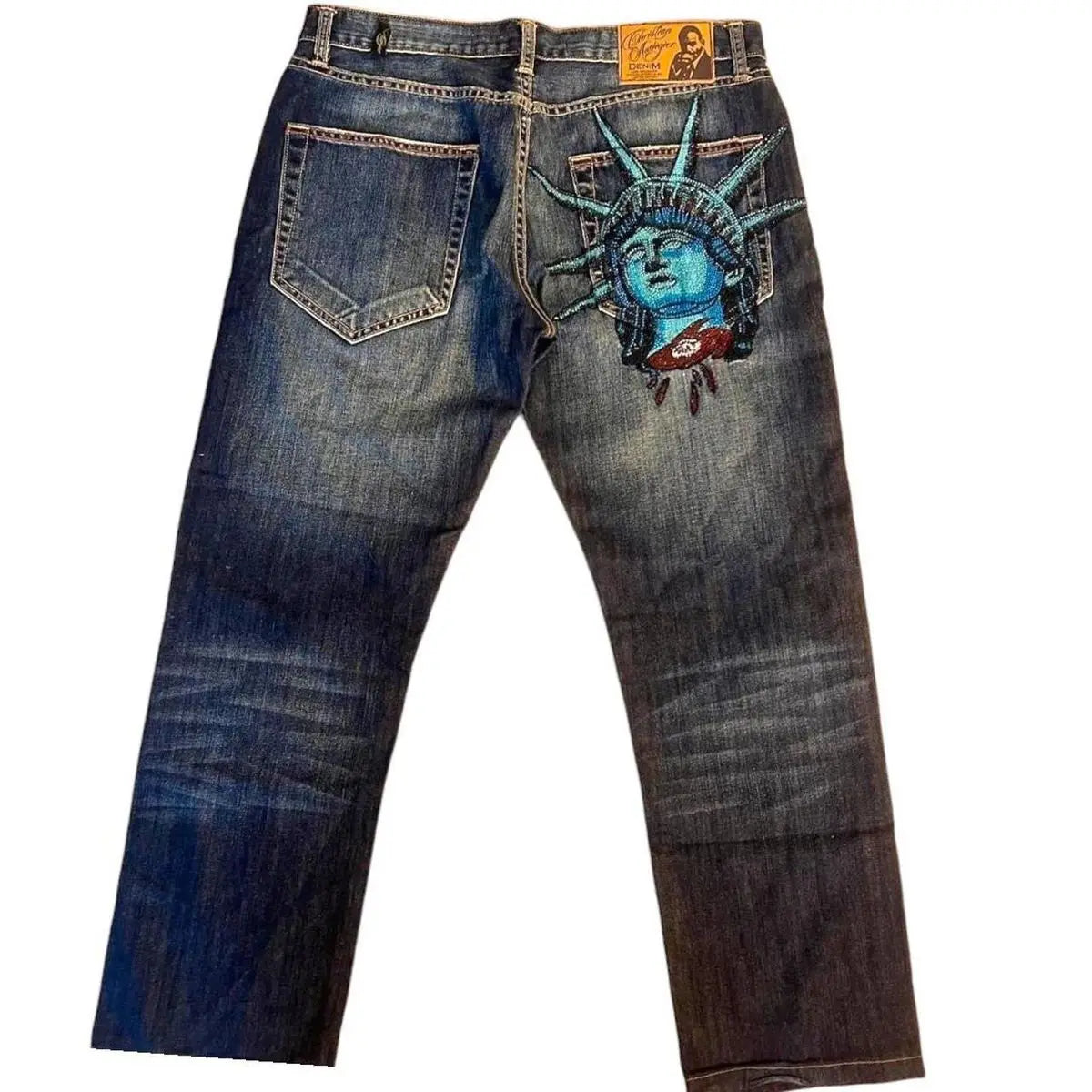Y2k 2000s Statue of Liberty Klein Stone Jeans Pocket Hip Hop Pattern Embroidery Denim Pants High Waist Straight Wide Leg Jeans
