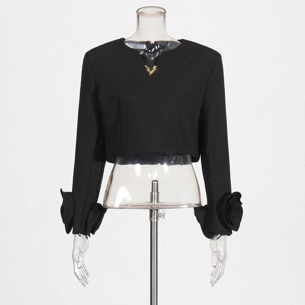 TWOTWINSTYLE Solid Two Piece Set For Women V Neck Long Sleeve Spliced Appliques Top High Waist Loose Skirt Elegant Sets Female