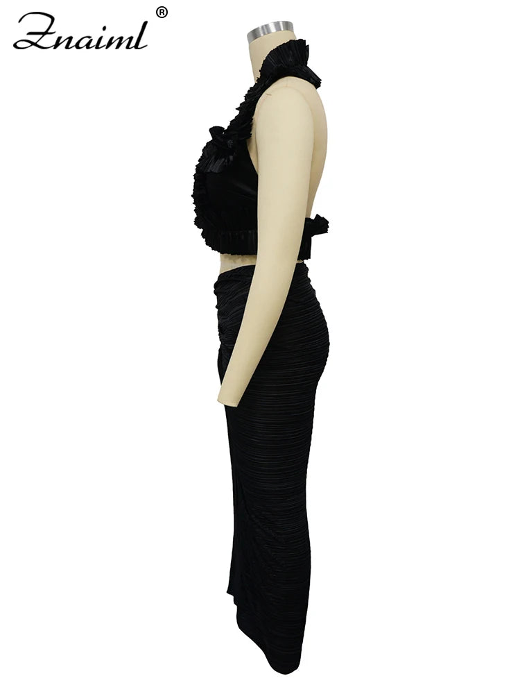 Znaiml Prom Gowns Formal Pleated Two 2 Pieces Women Crop Top and High Slit Skirt Set Ruffles Sexy Night Club Outfits Birthday