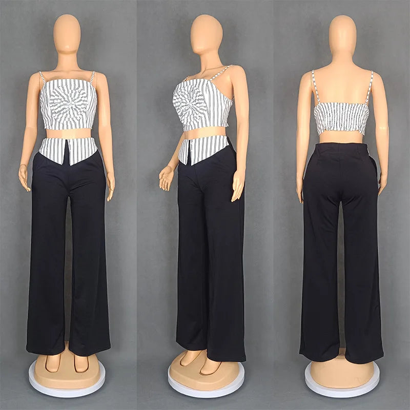 CM.YAYA Fashion Women's Set Striped Strap Floral Applique Crop Top and Wide Leg Pants Suit 2025 Two 2Piece Sets Outfit Tracksuit