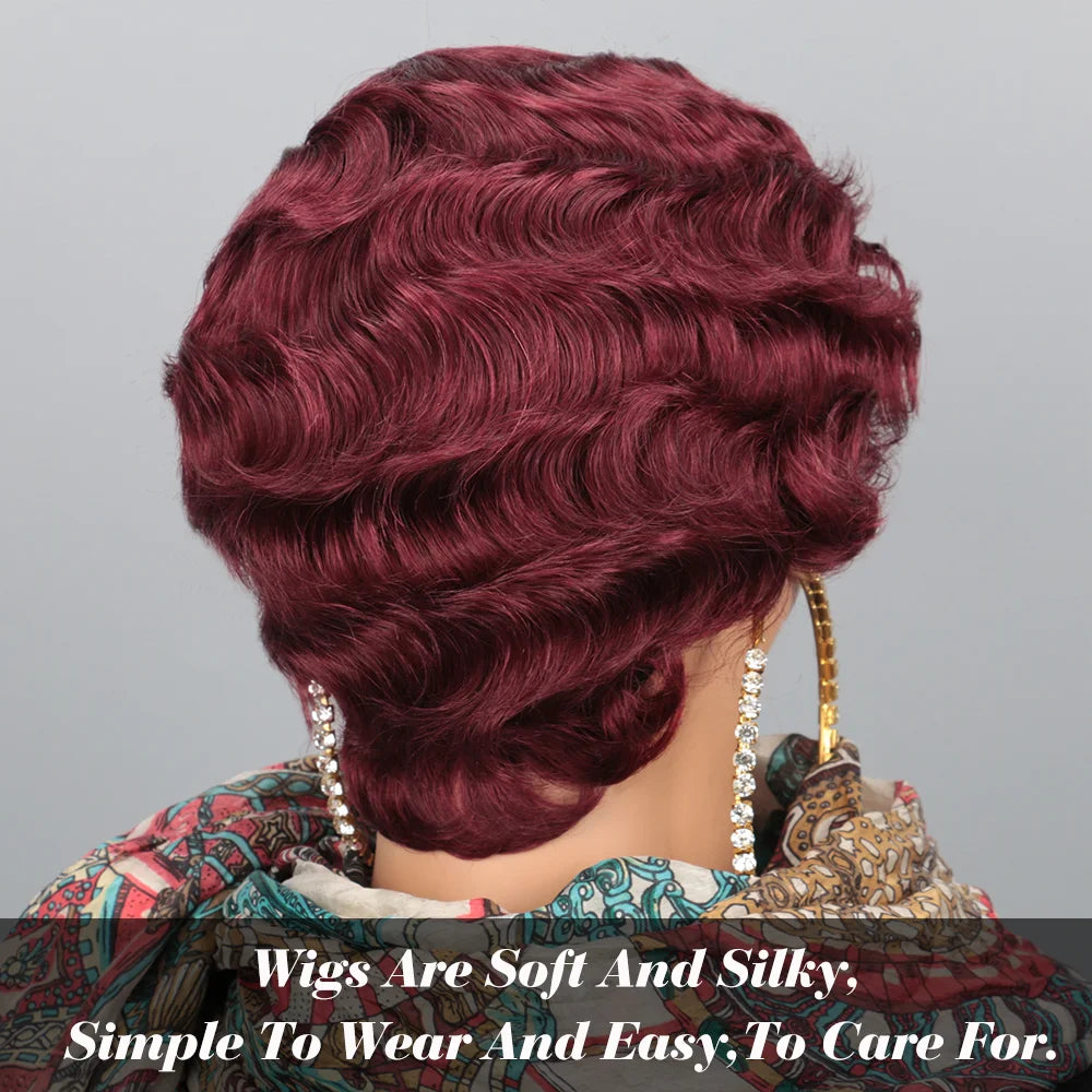 180% Density Glueless Brazilian Ocean Wave Human Hair Wig Burgundy 99J Colored Short Pixie Cut Loose Curly Finger Wave Style