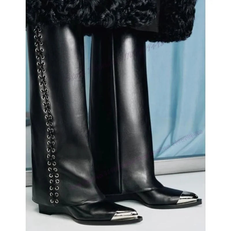 Black Lace Up Wedges Heels Boots Matte Leather Pointed Toe Shoes for Women Fluffy Decor Shark Boot 2025 Zapatos Para Mujere