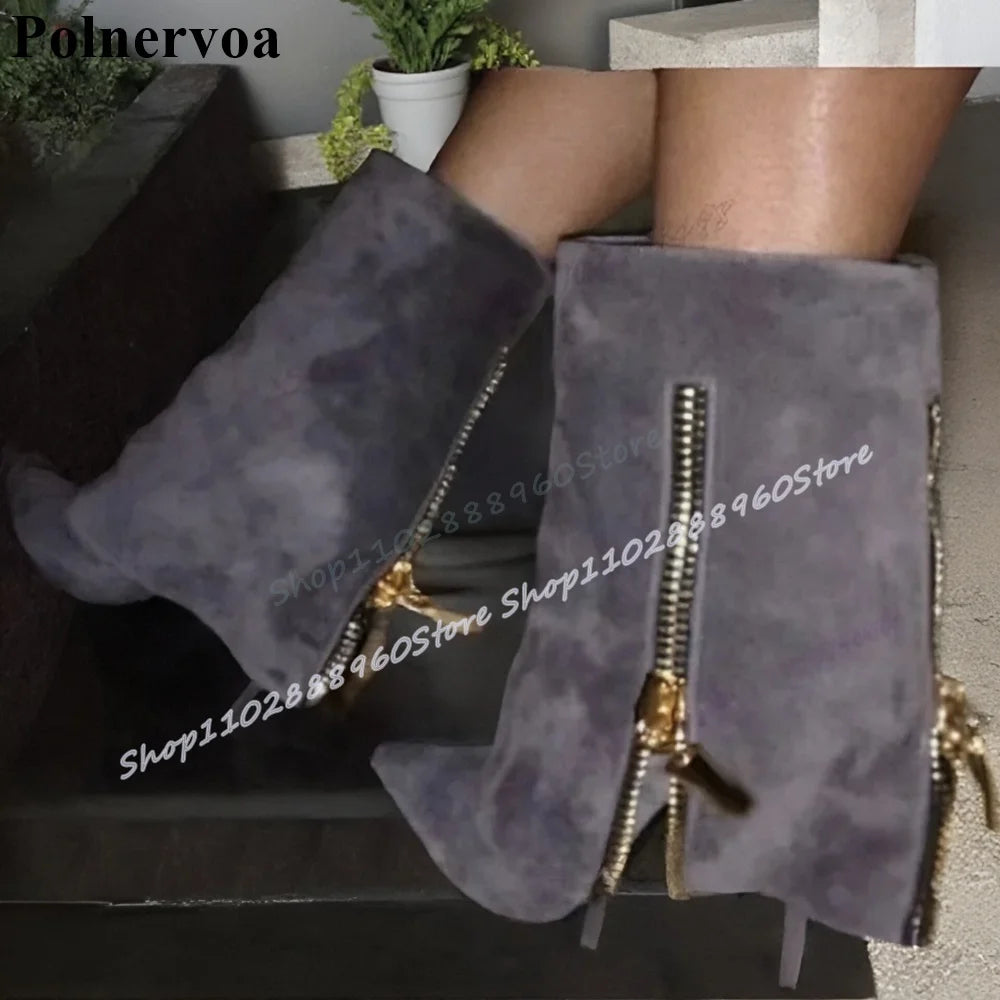 Gray Mid Calf Fold Over Metal Zipper Pointy Boots Suede Thin High Heel Shoes For Women Pointed Toe Trending Zapatos Para Mujere