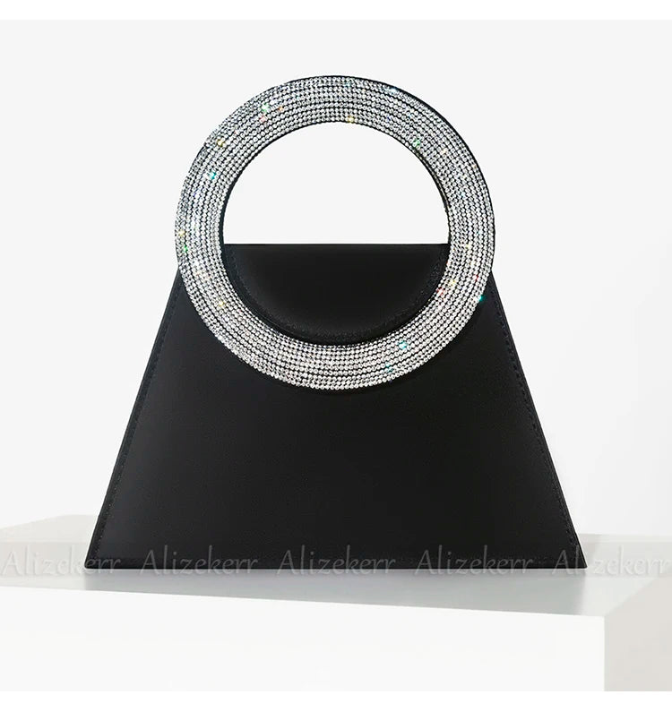 Bling Rhinestone Satin Handbags Women 2023 Elegant Boutique Round Crystal Handle Trapezoid Evening Clutch Purses Wedding Party