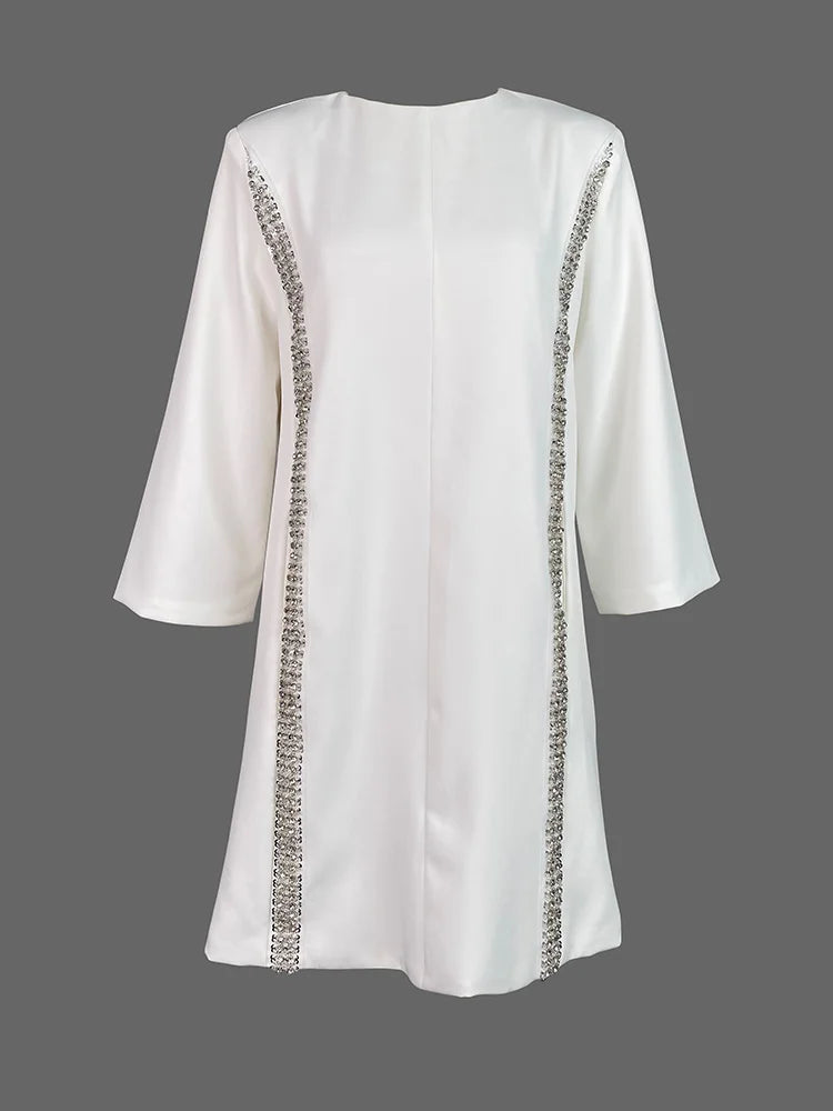 Elegant White Dresses Pretty Dress Spring Autumn Fashion Long Sleeves Loose Sequined Solid Color Luxury Round-neck Mini Dresses