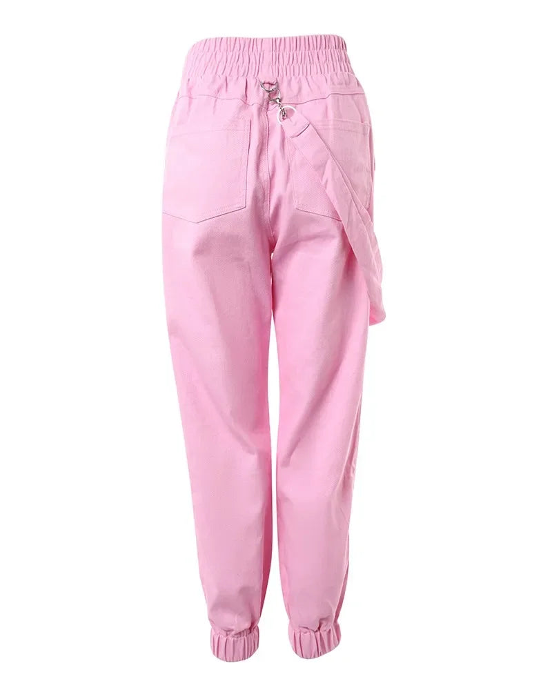 Women's Cargo Pants Casual Trousers 2024 Spring Autumn Solid Color Trend Street Pocket Design Cuff Suspenders Streetwear Women