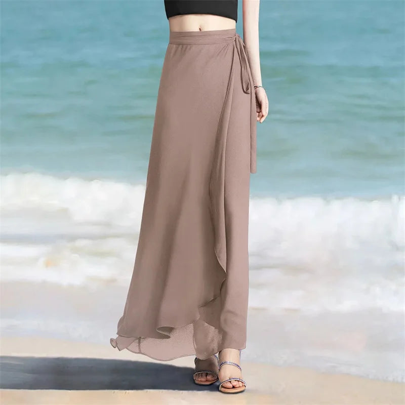 Lace-Up Summer Skirt Holiday style Chiffon Halfskin Skirt Women's 2023 Summer New Thin Dropping Long Wrapped Hip Skirt Khaki Bla