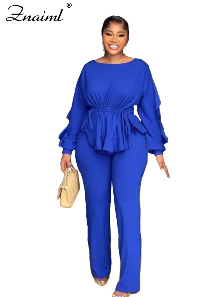 Znaaiml Elegant Blue 2 Piece Pants Sets Women Lantern Sleeve Drawstring Ruched Ruffles Top and Trousers Casual Street OL Outfits