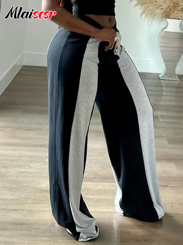 Mlaiscsr Fashion Pink Patchwork Loose Wide Leg Pants Women Drawstring High Waist Trousers Casual Streetwear Bottoms Sweatpants